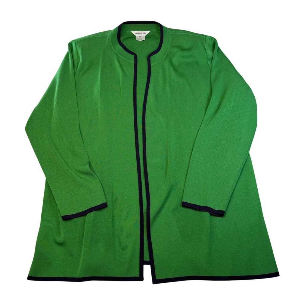 Misook Woman Green Navy Trim Open Front Knit Jacket Cardigan Size 2X Plus Size